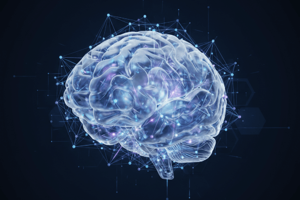 Ilustração representando a conexão entre um cérebro humano e uma rede neural de inteligência artificial, simbolizando a inteligência de mercado estratégica.