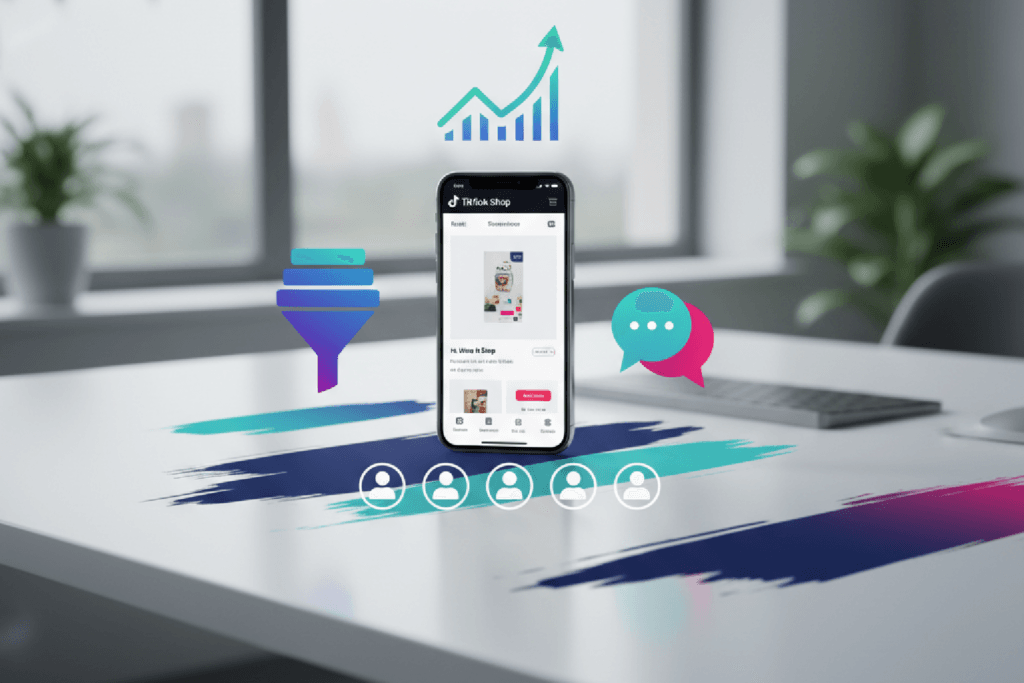 Visualização de um smartphone com a interface do TikTok Shop, cercado por ícones de CRM, simbolizando a integração entre social commerce e gestão de clientes.