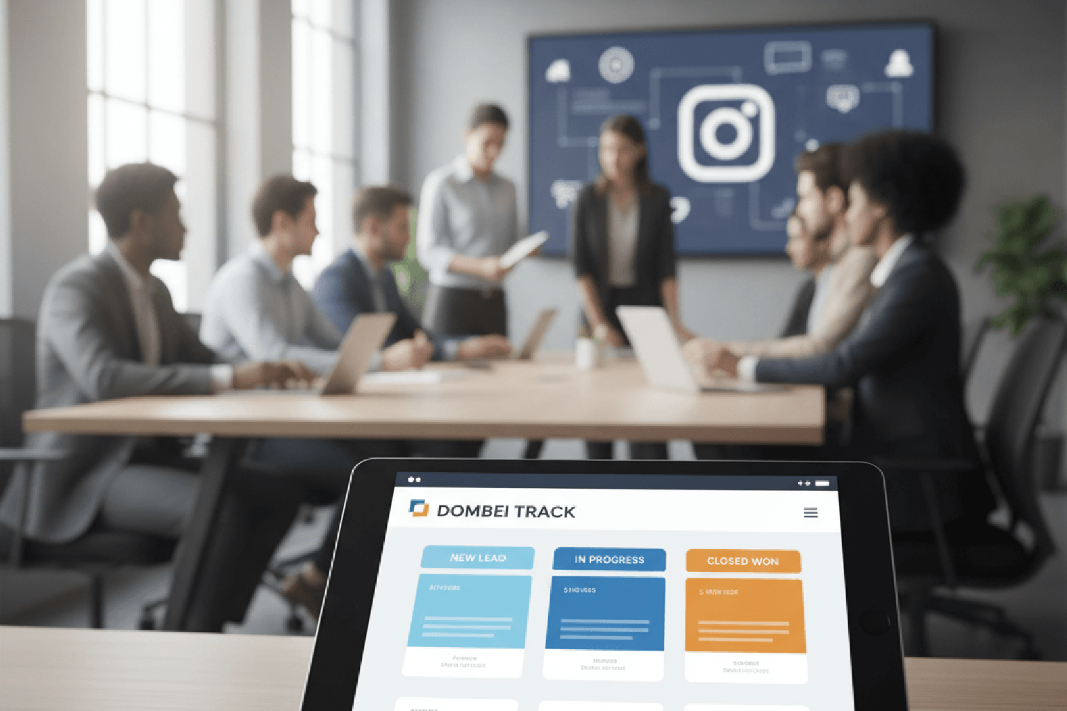 Dashboard de um CRM com funil de vendas, demonstrando a integração com o Instagram para organizar DMs.