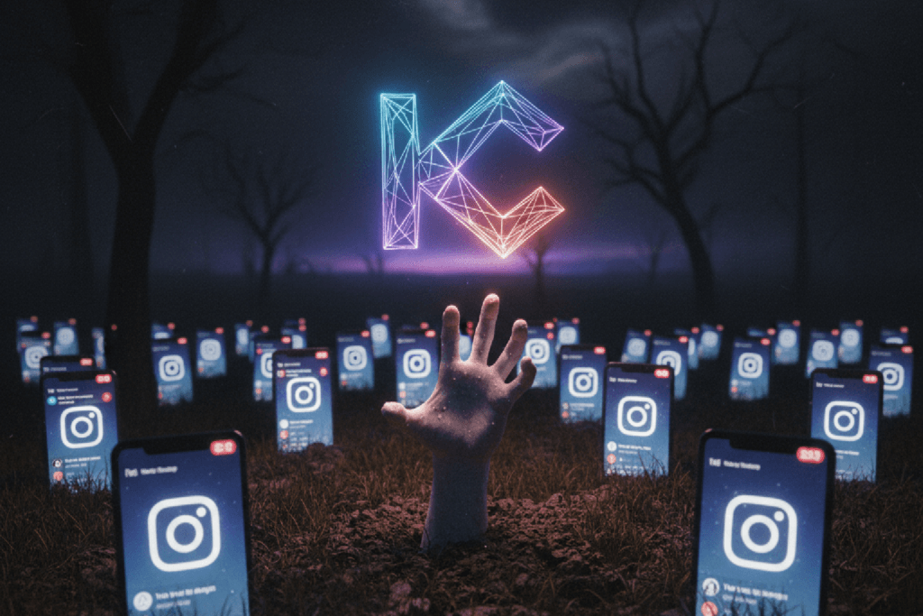 Imagem simbolizando o cemitério de leads do Instagram, com celulares esquecidos no chão, e a logo do Kommo CRM resgatando uma oportunidade de venda.