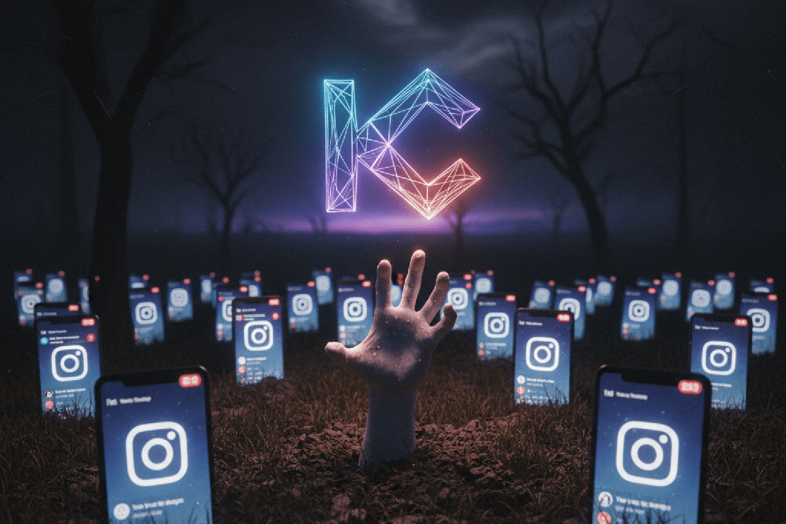 Imagem simbolizando o cemitério de leads do Instagram, com celulares esquecidos no chão, e a logo do Kommo CRM resgatando uma oportunidade de venda.