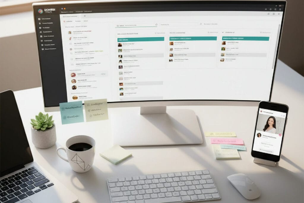 Secretária com monitor exibindo um dashboard de CRM para gestão de influenciadores e um celular mostrando um perfil de nano-influenciador, ilustrando o marketing de autoridade organizado.