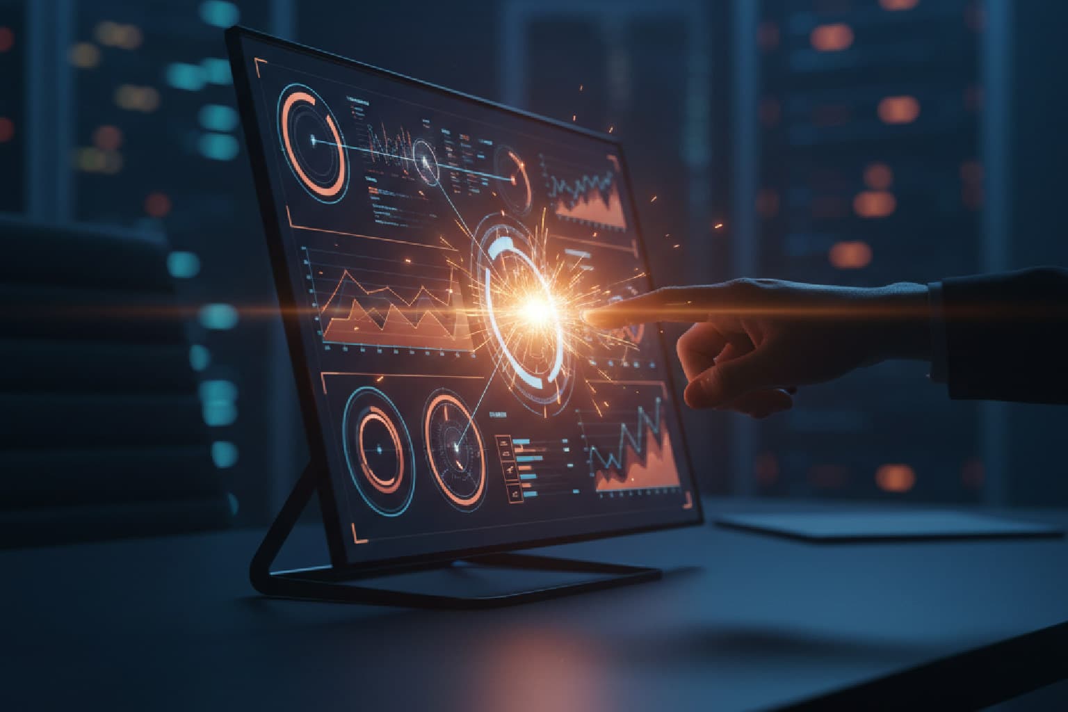 Um gestor interagindo com um dashboard de dados, gerando um insight luminoso que representa a inteligência de mercado.