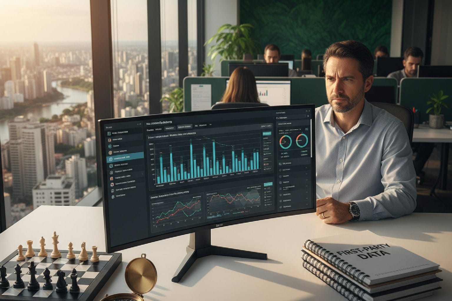 Um gerente de marketing olhando para um dashboard em declínio, com objetos estratégicos em sua mesa, simbolizando a adaptação à privacidade de dados no marketing.