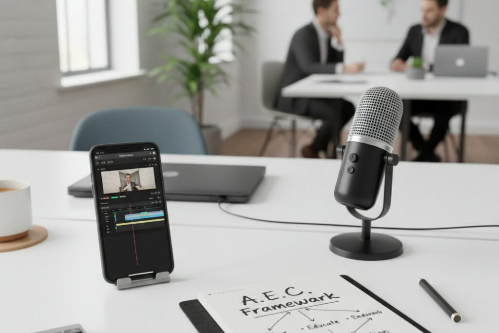 Mesa de trabalho com um smartphone editando um vídeo, um caderno com o Framework A.E.C. e um microfone, simbolizando a criação de conteúdo em vídeo para autoridade.