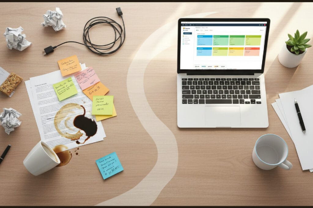 Mesa de trabalho mostrando a transformação do caos de papéis e anotações para a organização de um notebook com um dashboard de CRM Kommo