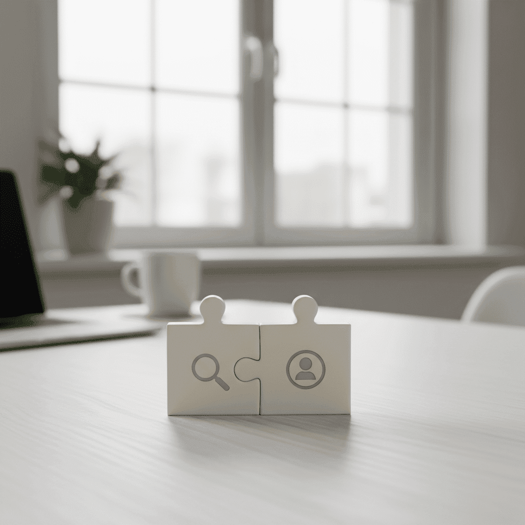 Peças de quebra-cabeça se conectando, uma com ícone de lupa (SEO) e outra com ícone de perfil de usuário (CRM), simbolizando a integração estratégica.