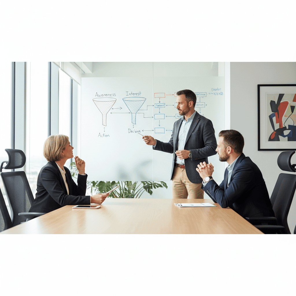 Consultor estratégico apresentando um funil de vendas a empresários durante a escolha de um parceiro Kommo.
