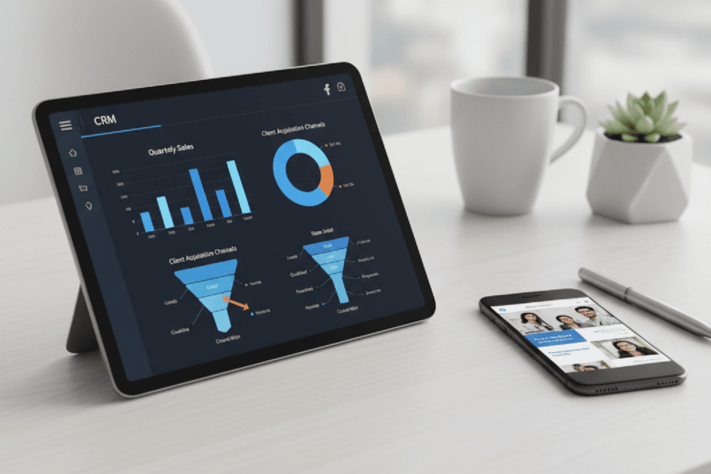 Imagem mostrando um tablet com um painel de CRM ao lado de um celular com anúncios de redes sociais, simbolizando a integração da gestão de tráfego e crm para otimizar vendas.