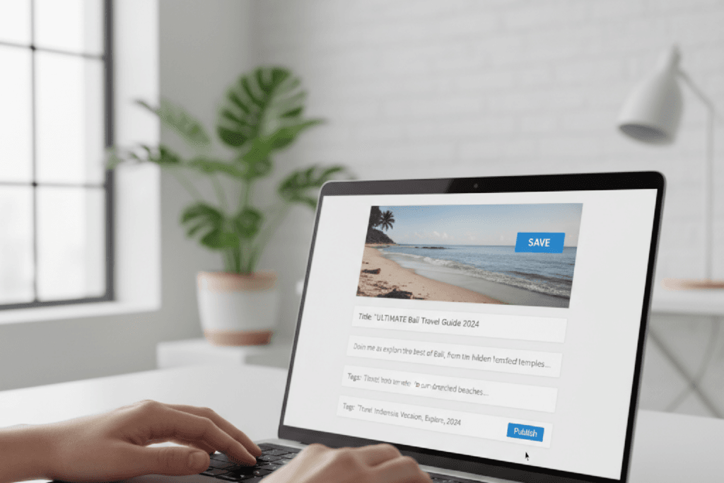 Checklist de SEO para Vídeos sendo aplicado em um laptop por um profissional de marketing.