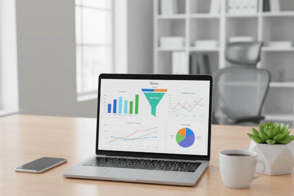 Mesa de escritório organizada com um laptop exibindo um dashboard de CRM, simbolizando a estruturação de negócios online.