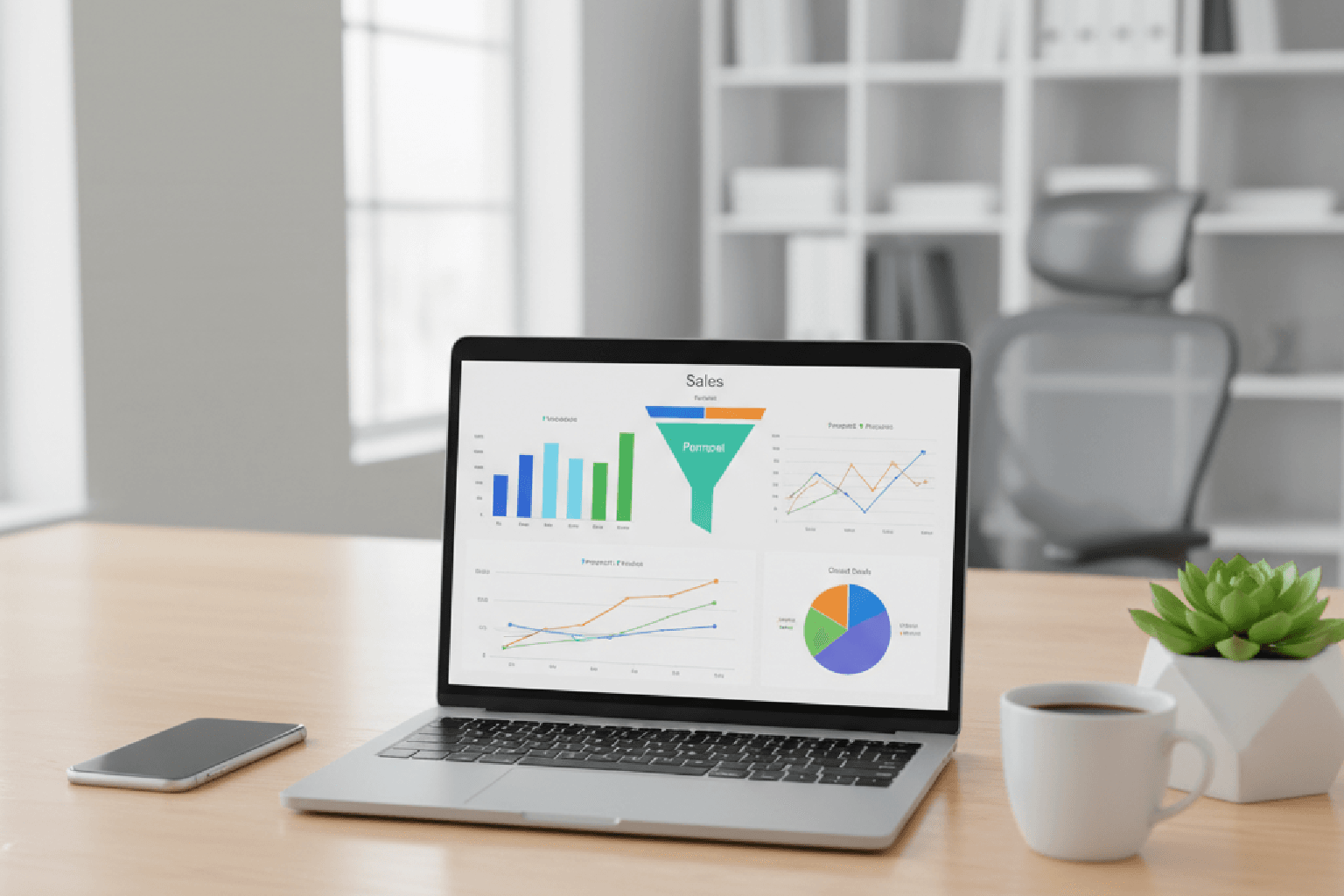 Mesa de escritório organizada com um laptop exibindo um dashboard de CRM, simbolizando a estruturação de negócios online.