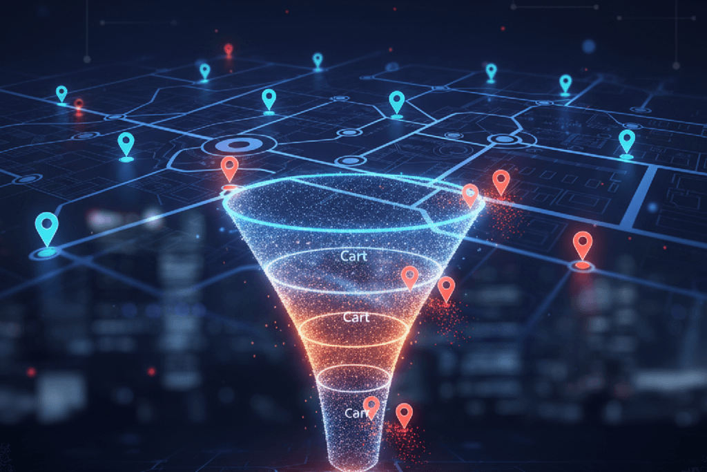 Ilustração do trackeamento avançado como um GPS da jornada de compra em um e-commerce.