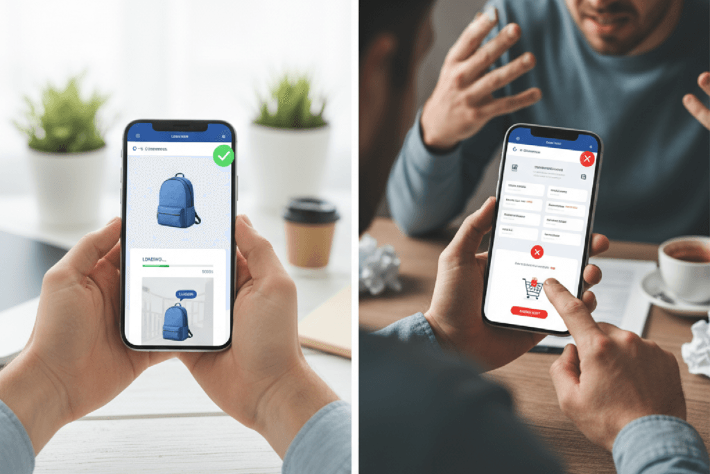Gráfico comparando a velocidade de um e-commerce com a experiência do usuário, ilustrando a importância da otimização da jornada de compra.