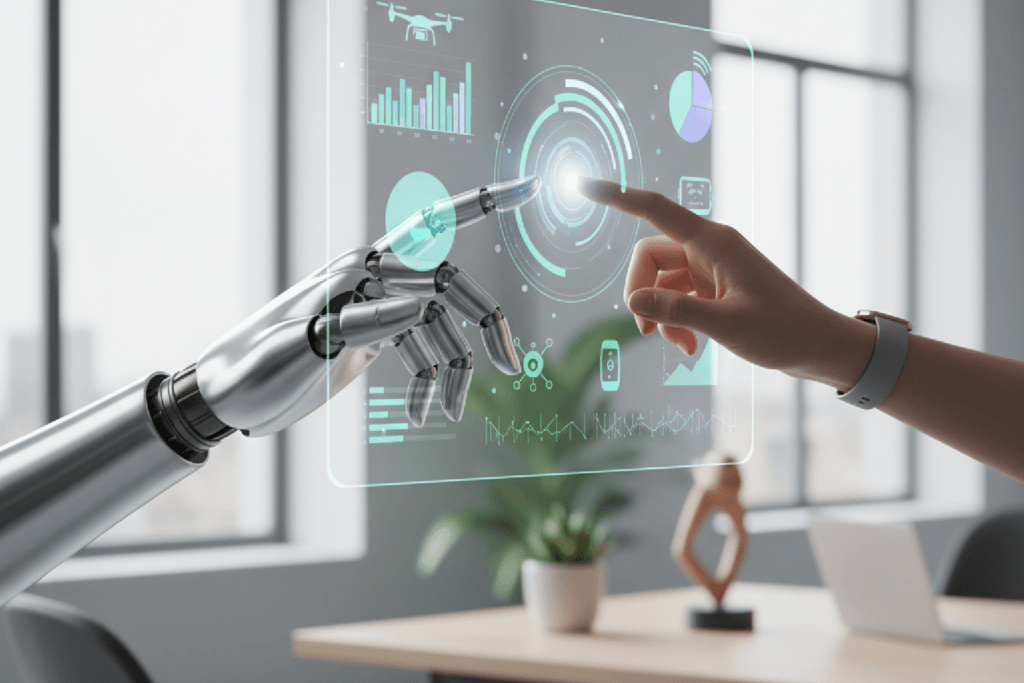 Detalhe de uma mão humana e uma mão robótica colaborando em uma interface holográfica de e-commerce, simbolizando o uso da IA no e-commerce.