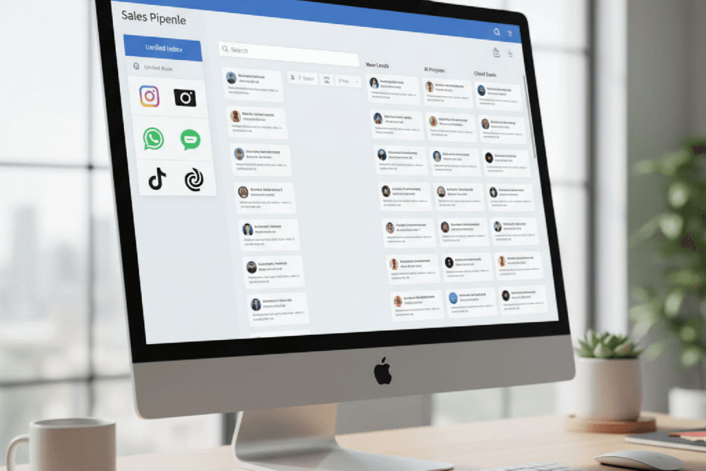 Dashboard de um CRM para social commerce, exibindo a unificação de canais como Instagram e WhatsApp em um funil de vendas visual.