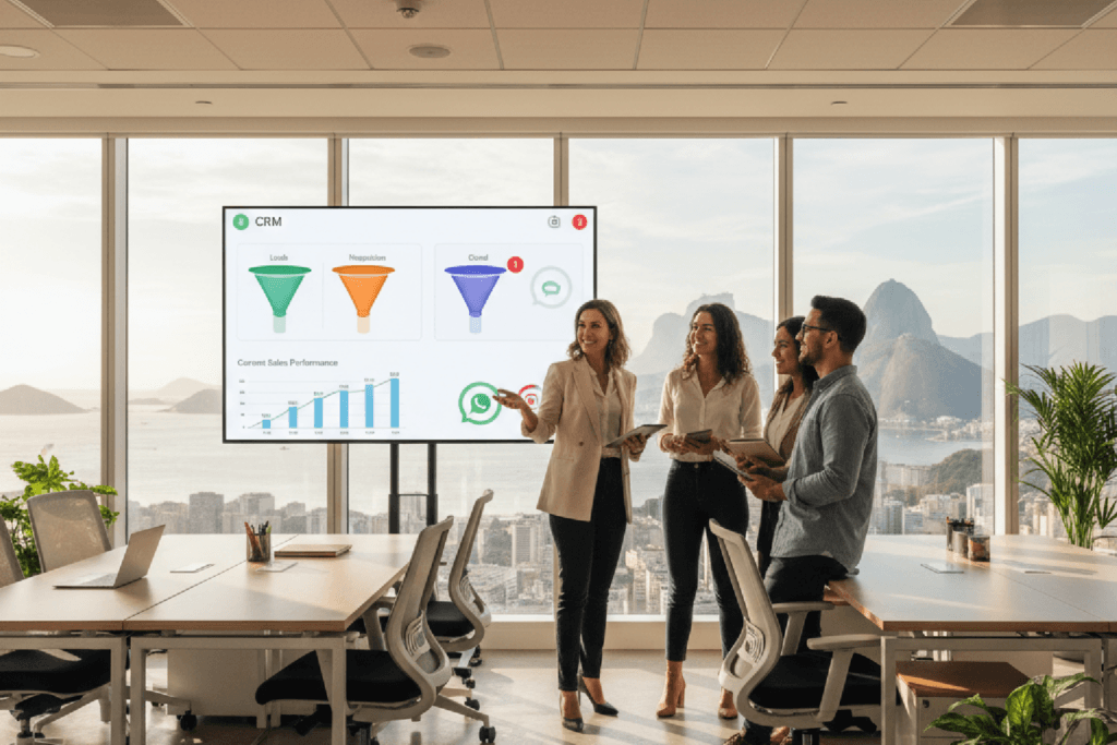 Gerente apresentando dashboard do Kommo CRM para equipe de vendas em escritório no Rio de Janeiro.