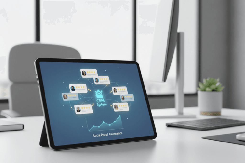 Dashboard de CRM exibindo a automação da coleta de reviews e UGC para marketing de autoridade