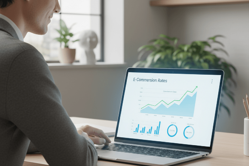 Gráfico mostrando o aumento da taxa de conversão em um dashboard de e-commerce, ilustrando as técnicas para aumentar a taxa de conversão.