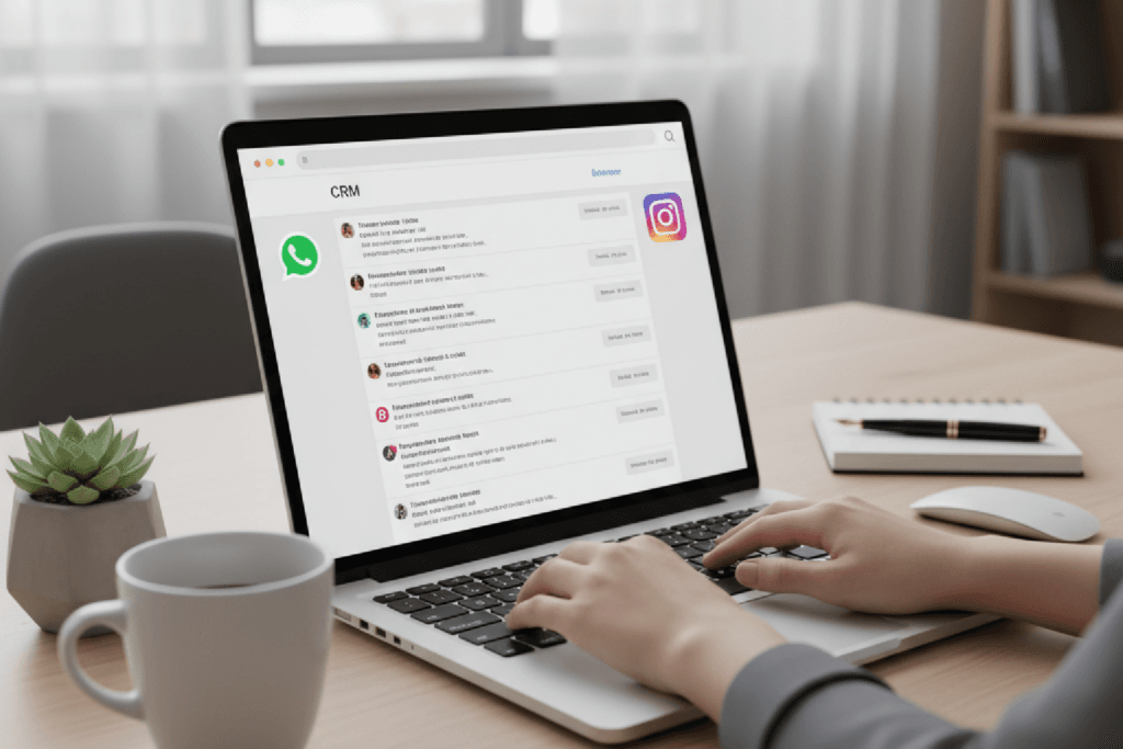 Tela de um computador exibindo um dashboard de CRM Omnichannel com conversas de múltiplos canais.