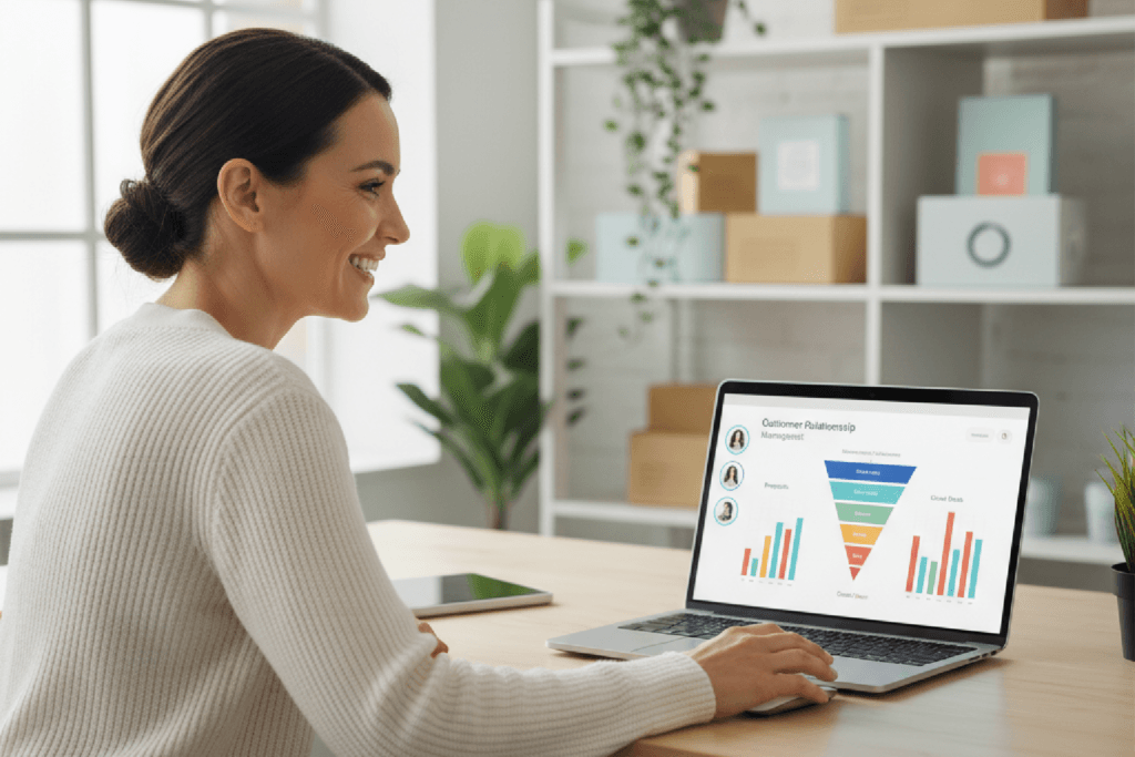 Gestor de e-commerce analisando um dashboard de CRM com funil de vendas em seu notebook, em um ambiente de loja online.