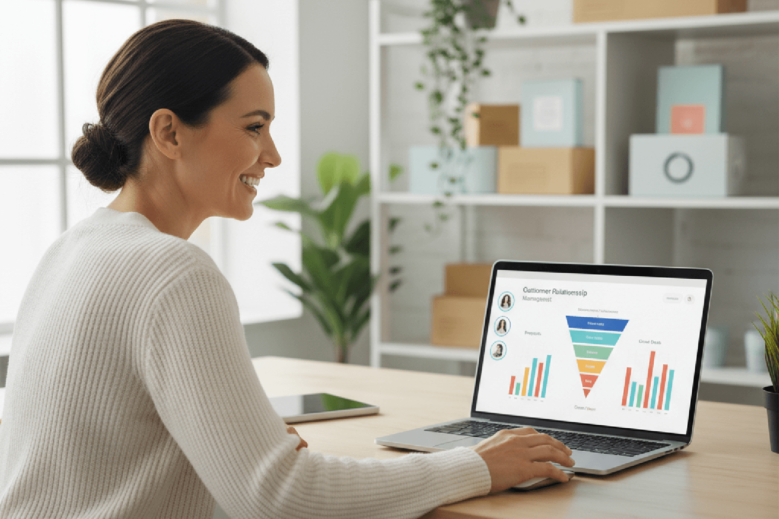 Gestor de e-commerce analisando um dashboard de CRM com funil de vendas em seu notebook, em um ambiente de loja online.