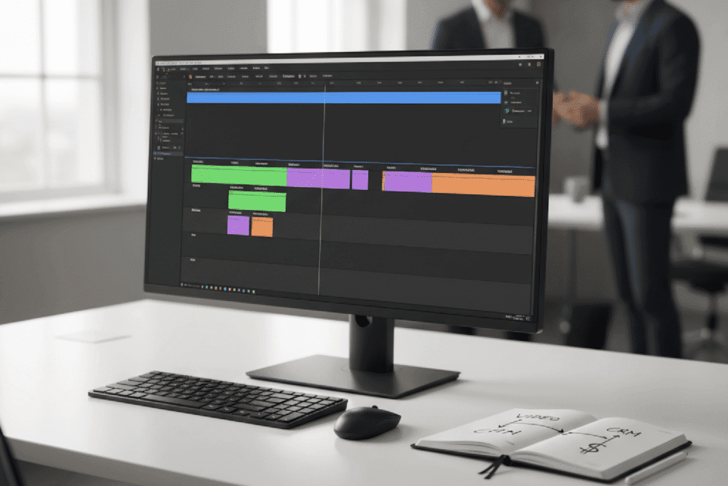 Mesa de um estrategista de marketing com um monitor mostrando a edição de um 'Vídeo Mestre' sendo transformado em clipes para Reels e TikTok, ilustrando a estratégia de criação de conteúdo em vídeo.