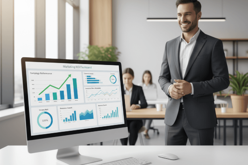 Dashboard exibindo gráficos de ROI de marketing com setas verdes ascendentes, sendo observado por um CFO.