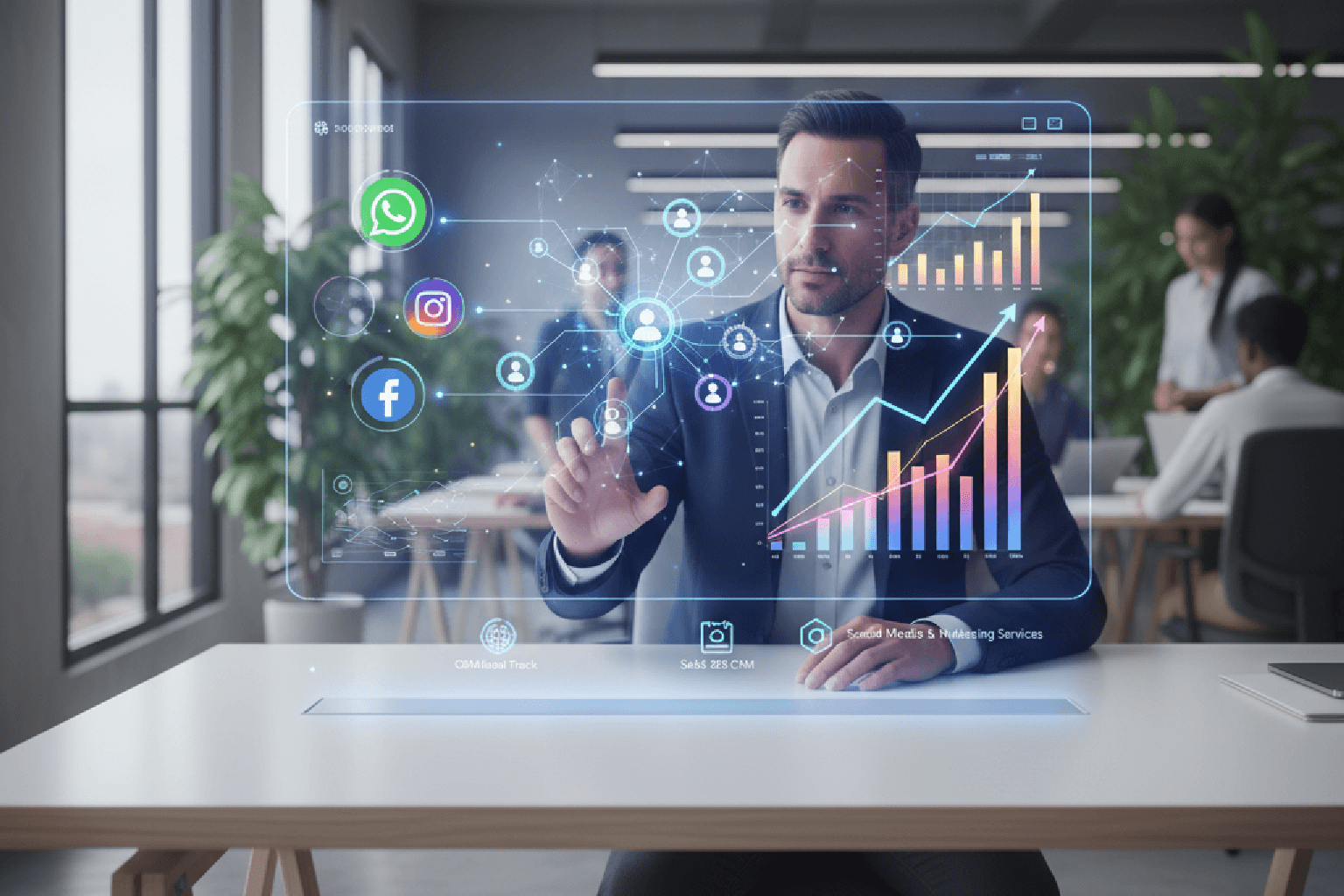 Dashboard de IA e automação do Kommo CRM com gráficos de vendas e perfis de clientes.
