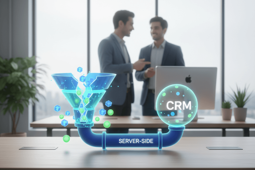 Ilustração de um funil de vendas quebrado e como o trackeamento avançado server-side e um CRM consertam a perda de leads.