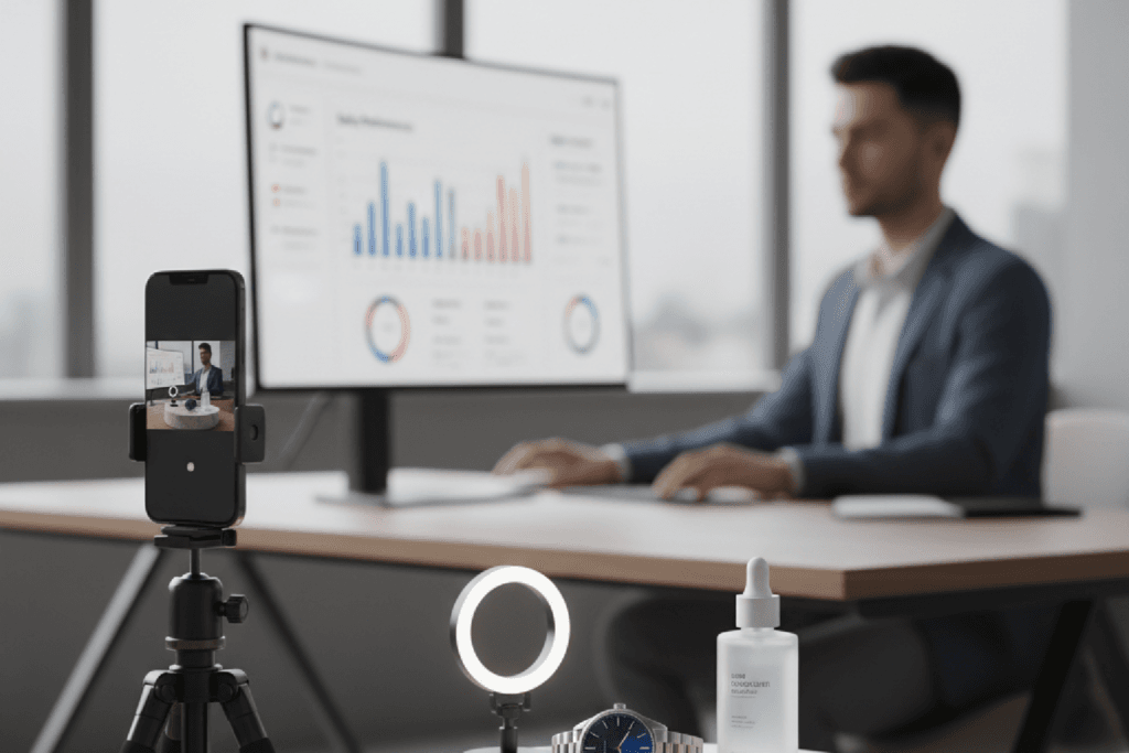 Criação de conteúdo em vídeo estratégico para e-commerce, mostrando um smartphone gravando um produto e um dashboard de vendas ao fundo.