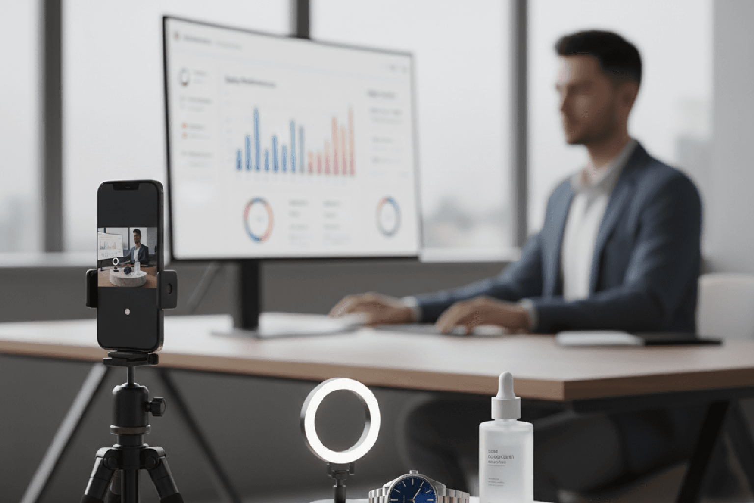 Criação de conteúdo em vídeo estratégico para e-commerce, mostrando um smartphone gravando um produto e um dashboard de vendas ao fundo.