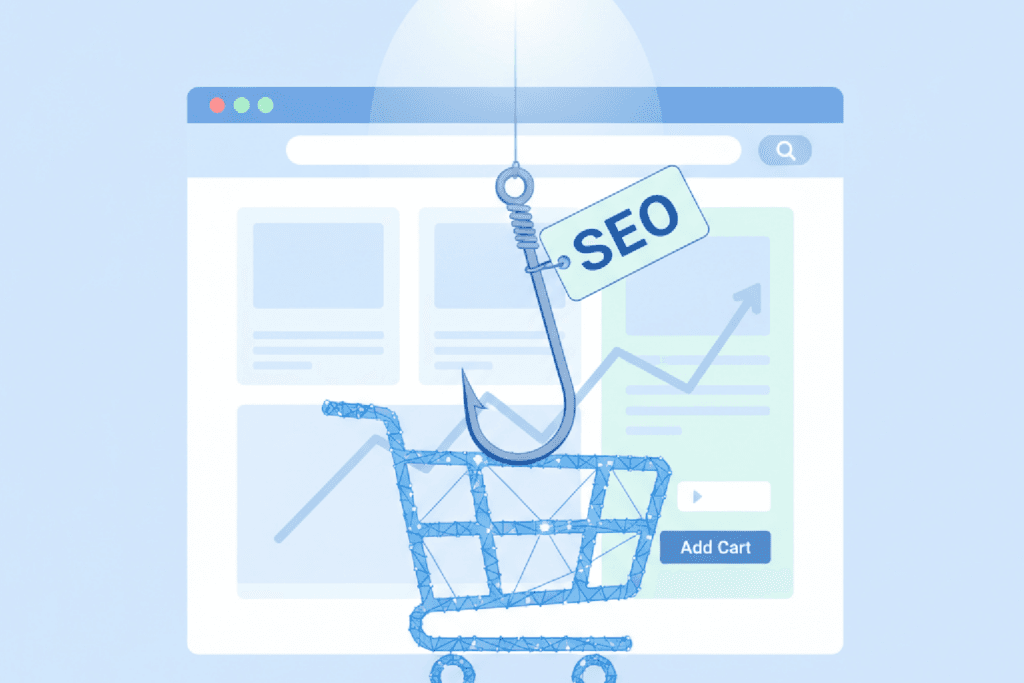 SEO para E-commerce: Ilustração de um anzol com a tag SEO pescando um carrinho de compras para um site.