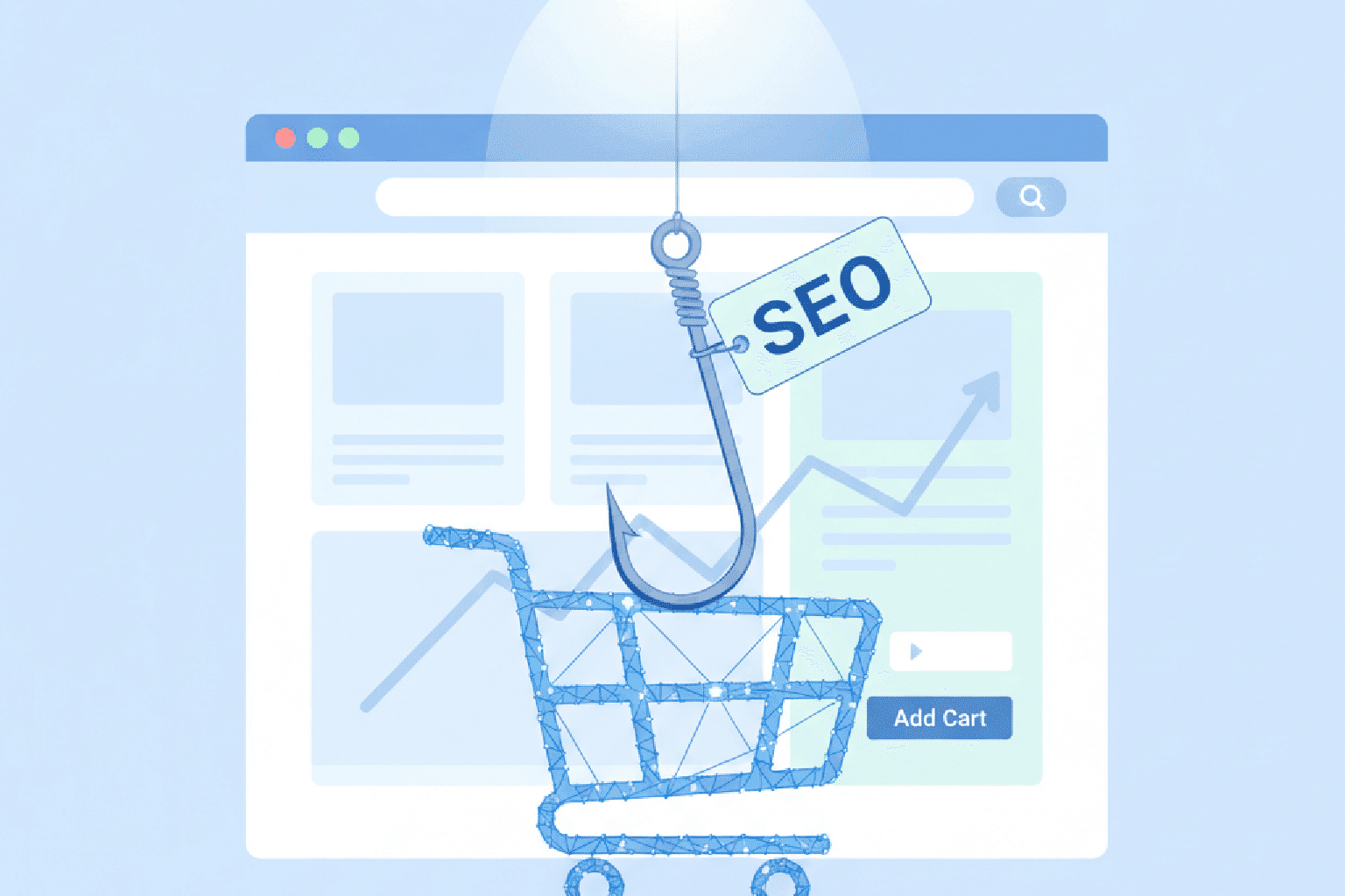 SEO para E-commerce: Ilustração de um anzol com a tag SEO pescando um carrinho de compras para um site.