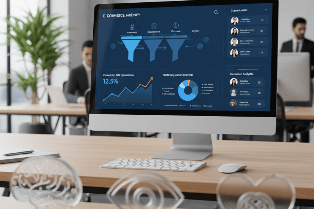 Dashboard de CRM exibindo gráficos de taxa de conversão e dados sobre a psicologia do consumidor para e-commerce.