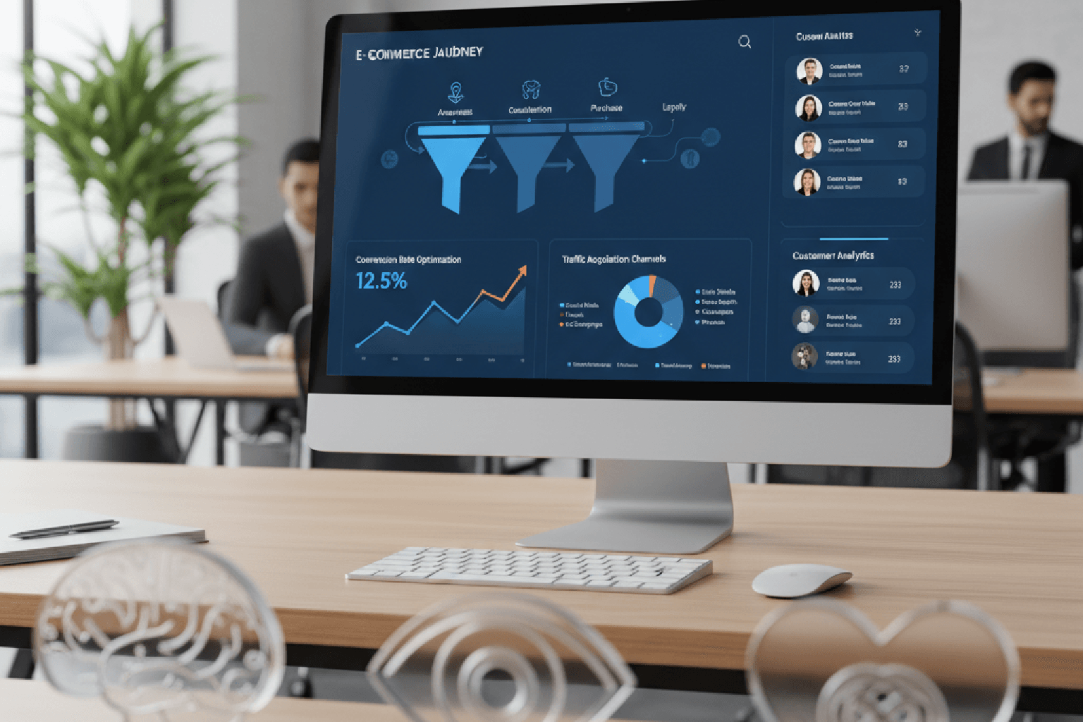 Dashboard de CRM exibindo gráficos de taxa de conversão e dados sobre a psicologia do consumidor para e-commerce.
