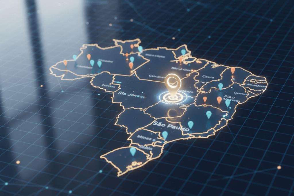 Mapa digital do Sudeste do Brasil com pin de localização destacado, simbolizando o marketing de autoridade para negócios locais.