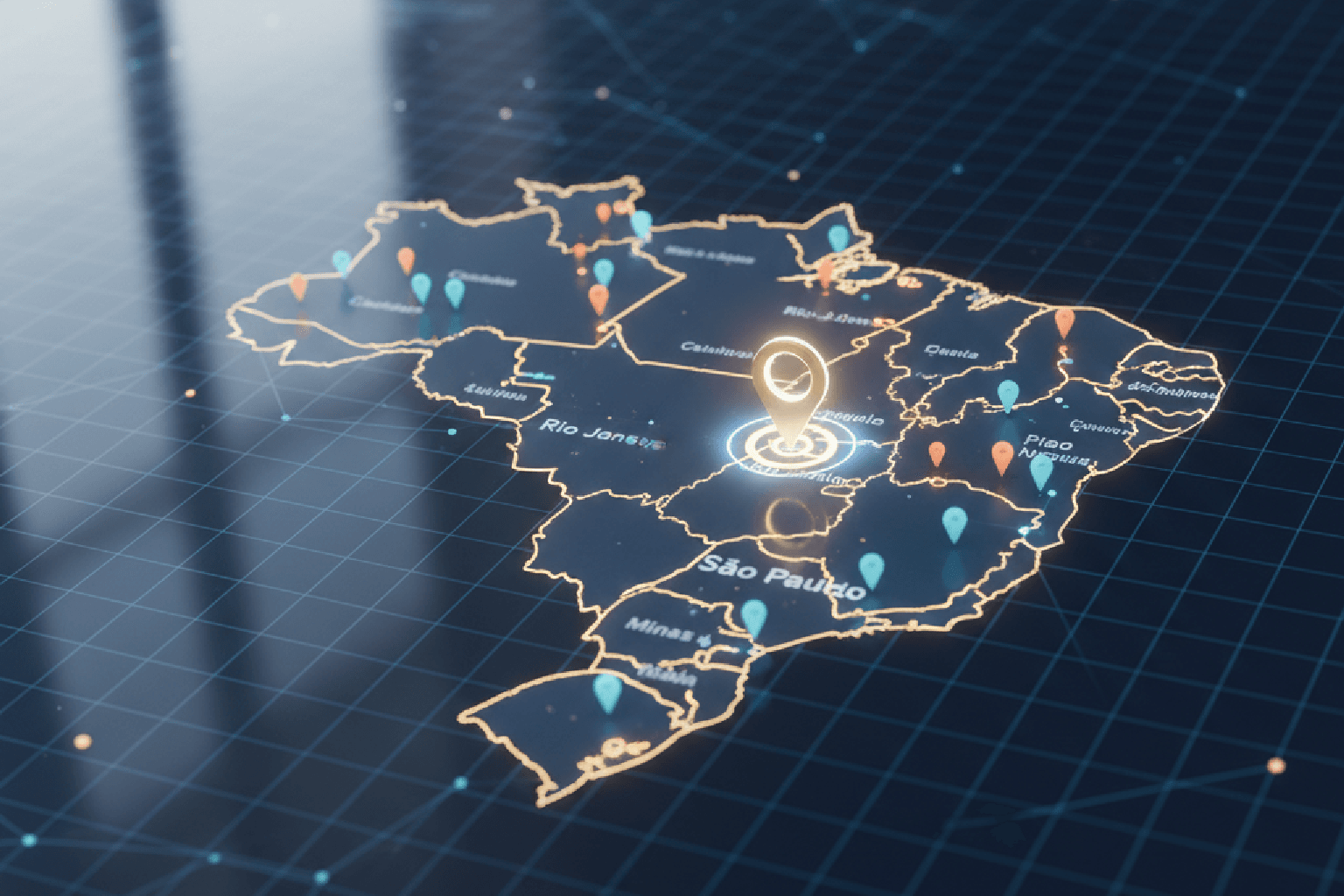 Mapa digital do Sudeste do Brasil com pin de localização destacado, simbolizando o marketing de autoridade para negócios locais.