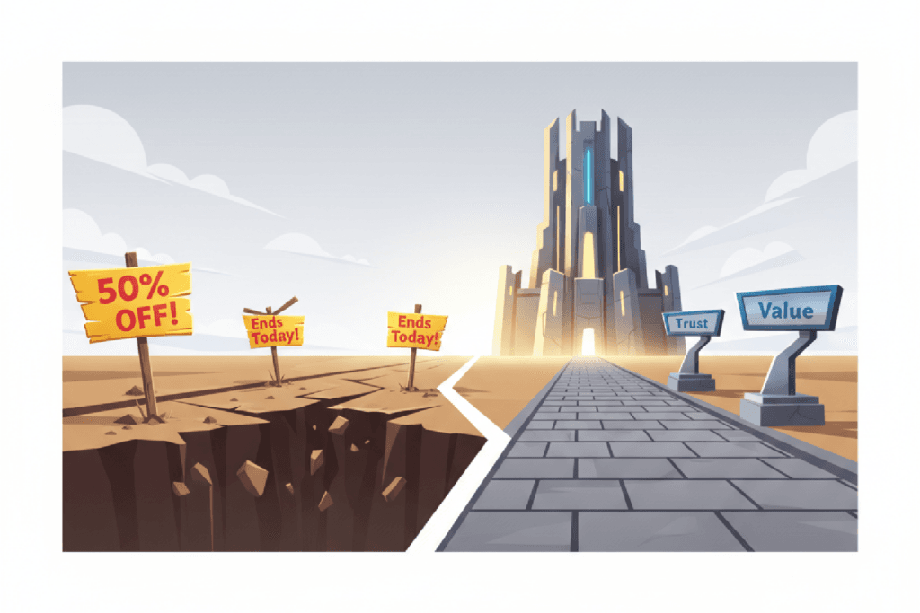 Ilustração comparando o caminho do marketing de escassez, que é curto e quebradiço, com o caminho da construção de autoridade, que é sólido e leva a uma marca forte.
