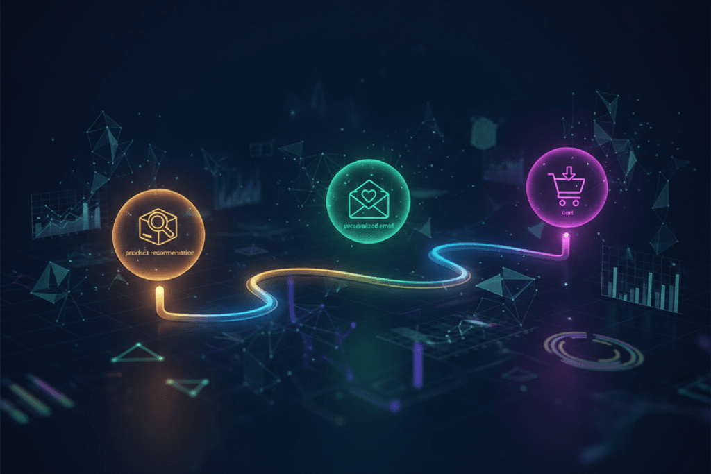 Visualização abstrata da jornada do cliente em um e-commerce com IA e hiper-personalização