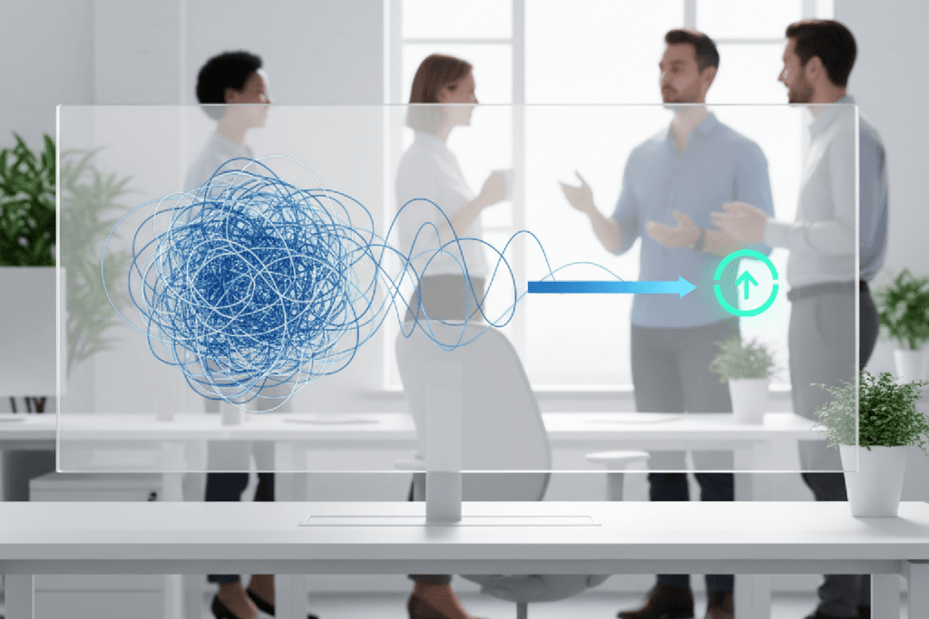 Visualização abstrata de dados que mostra como o trackeamento avançado organiza uma jornada de cliente complexa em um caminho claro para a conversão.