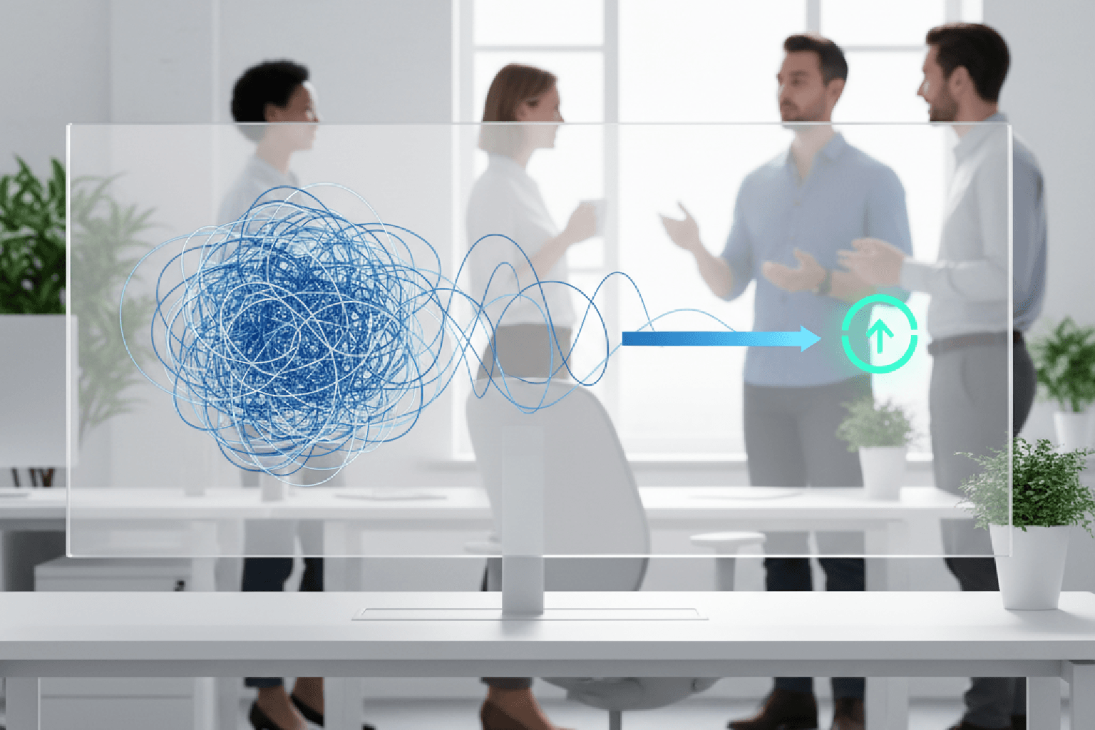 Visualização abstrata de dados que mostra como o trackeamento avançado organiza uma jornada de cliente complexa em um caminho claro para a conversão.