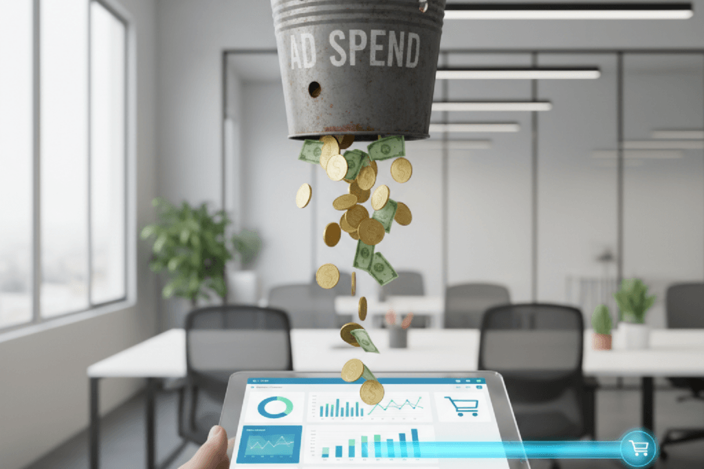 Imagem mostrando um balde com "Ad Spend" escrito, vazando dinheiro. Uma mão segura um dashboard de CRM que coleta esse dinheiro e o direciona para um carrinho de compras, ilustrando como o CRM otimiza o ROI do tráfego pago.