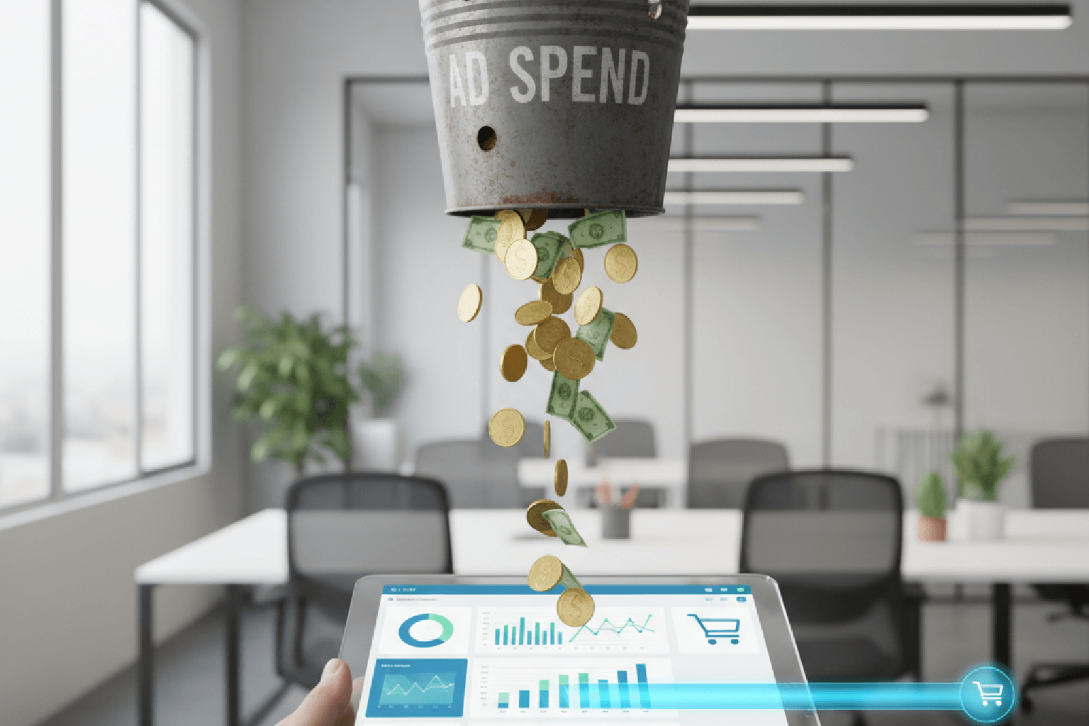 Imagem mostrando um balde com "Ad Spend" escrito, vazando dinheiro. Uma mão segura um dashboard de CRM que coleta esse dinheiro e o direciona para um carrinho de compras, ilustrando como o CRM otimiza o ROI do tráfego pago.