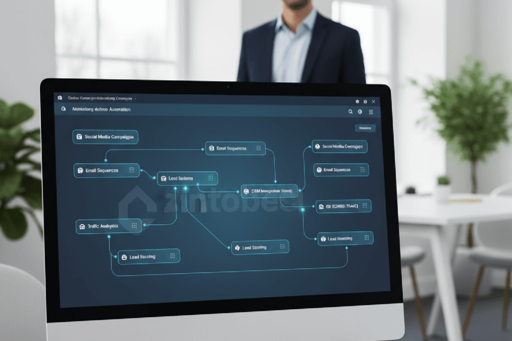 Visualização de um fluxo de automações avançadas Kommo em um painel de CRM, simbolizando a otimização de processos de vendas.