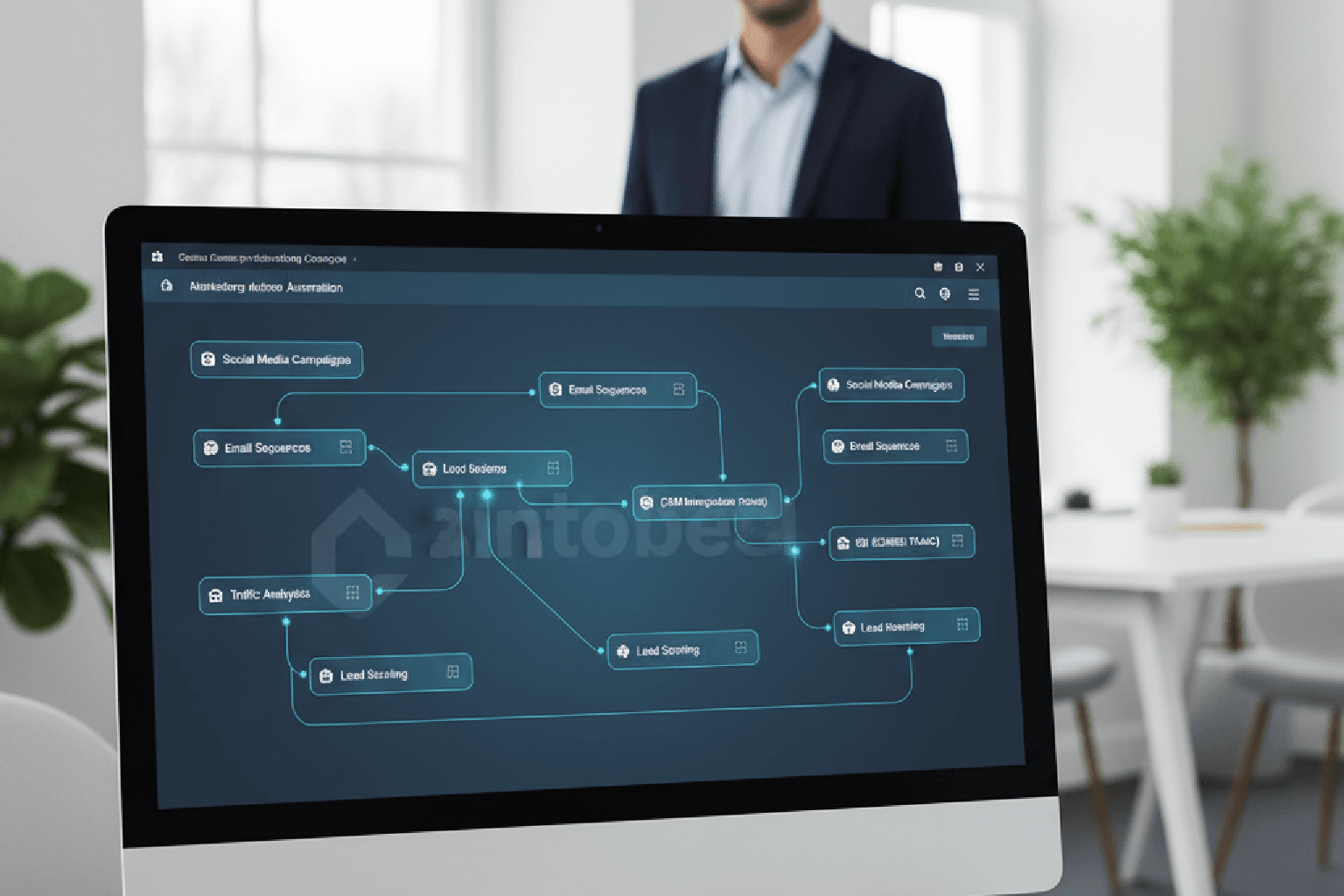 Visualização de um fluxo de automações avançadas Kommo em um painel de CRM, simbolizando a otimização de processos de vendas.