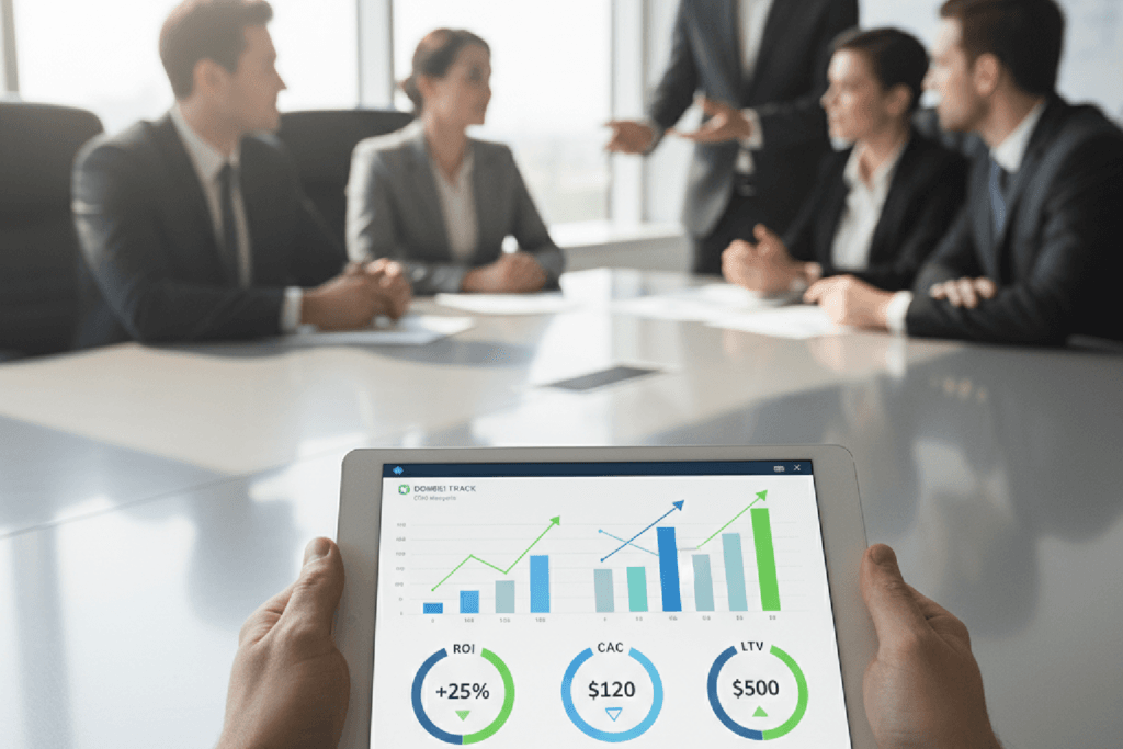 Dashboard em um tablet mostrando métricas de negócio como ROI e CAC, sendo apresentado a uma diretoria para provar o valor do marketing.