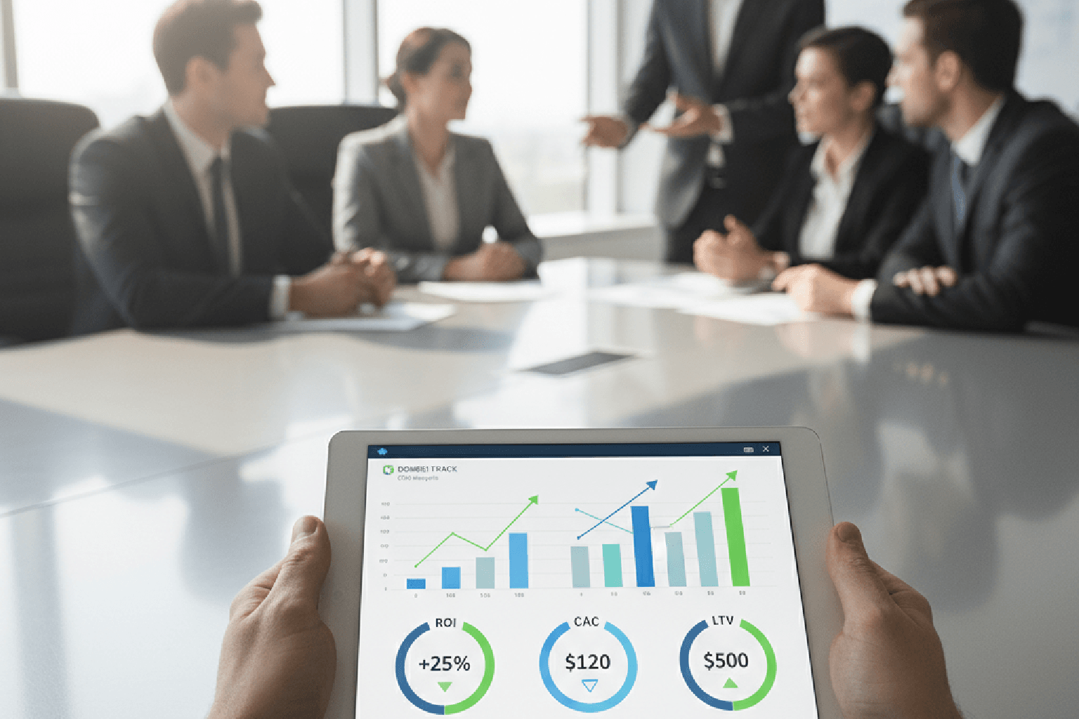 Dashboard em um tablet mostrando métricas de negócio como ROI e CAC, sendo apresentado a uma diretoria para provar o valor do marketing.