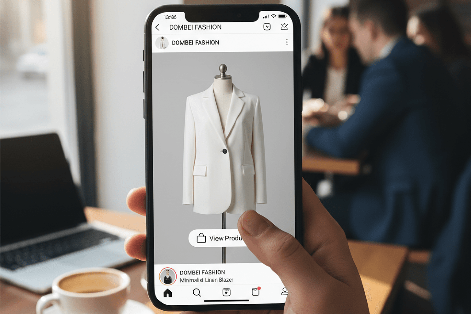 Tela de celular mostrando a funcionalidade de social commerce no Instagram, com um produto de moda em destaque.
