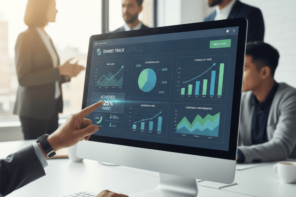 Dashboard de um CRM com gráficos de vendas sendo analisado por um gestor, ilustrando o conceito de gestão de crm.